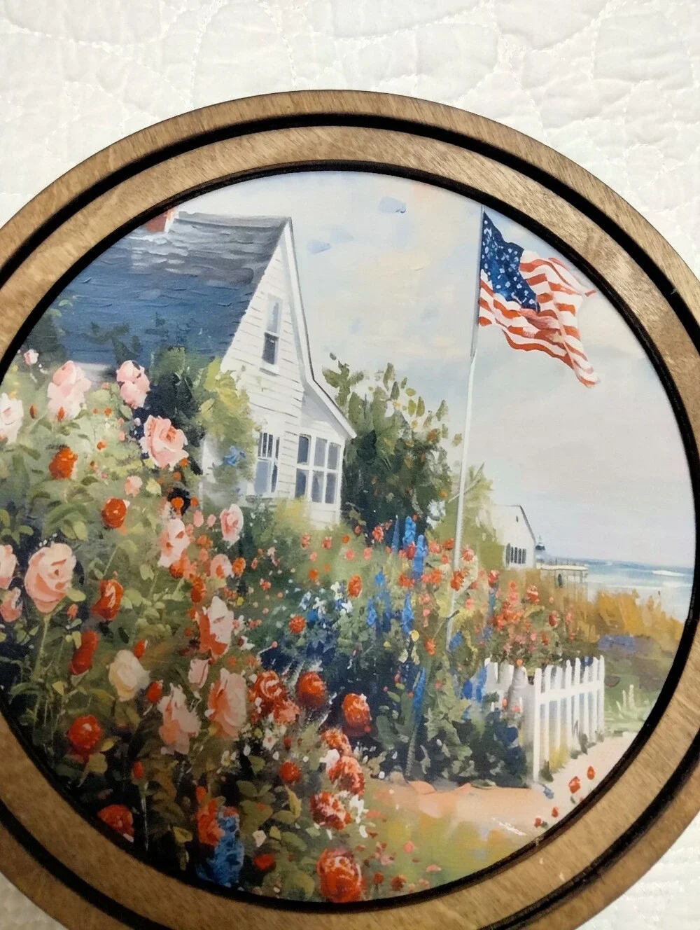 Coastal Cottage Floral Wood Wall Art with American Flag